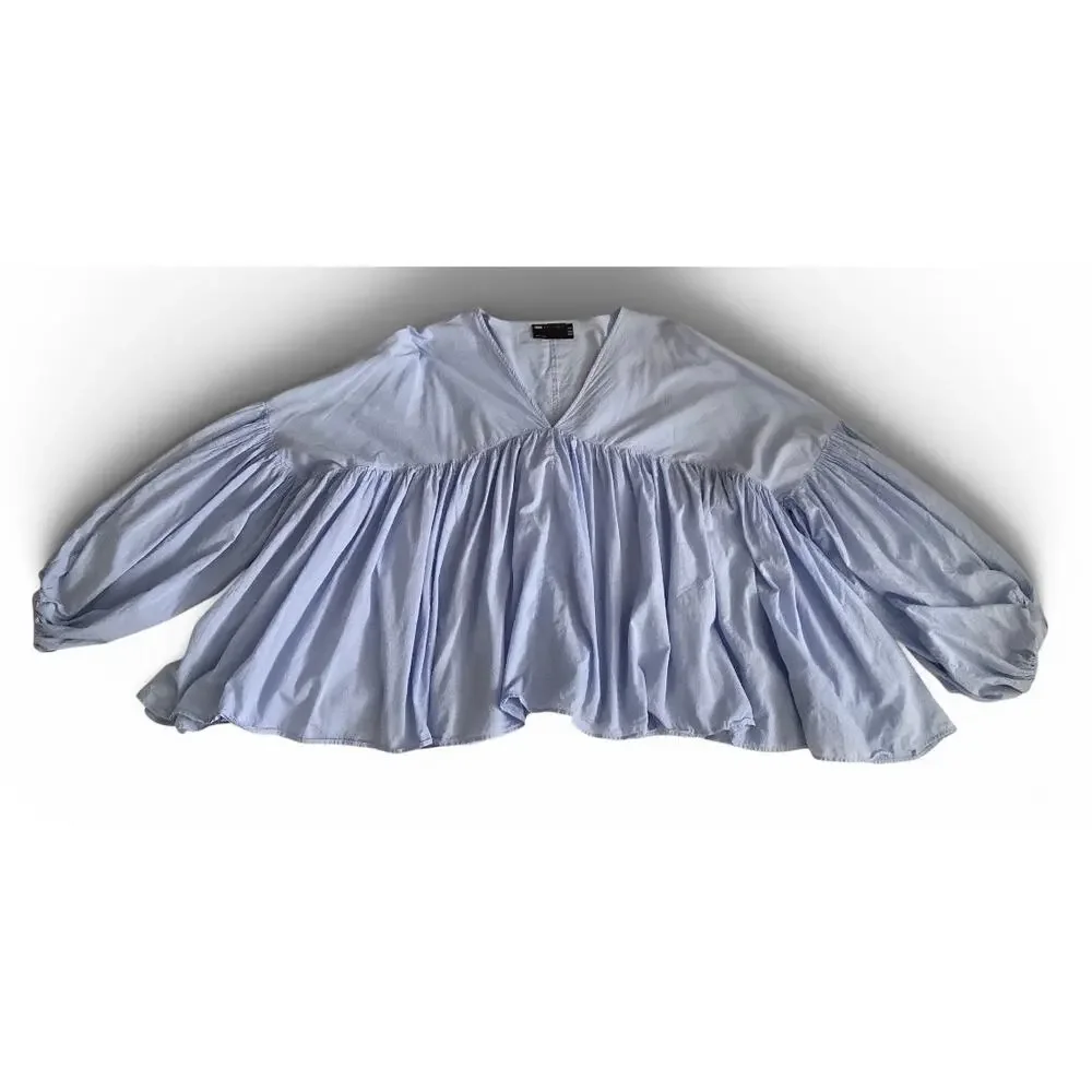 ASOS EDITION Curve cotton poplin V-neck oversized volume sleeve pastel blue sz20 - Picture 2 of 5